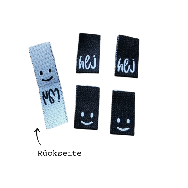 4 er Set - Weblabel gefaltet - "hej + smile" - schwarz